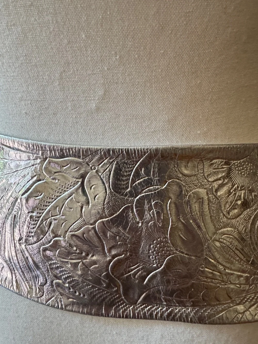 Embossed Floral Design Silver Metallic Leather Waist Wrap Belt O/S Handmade USA